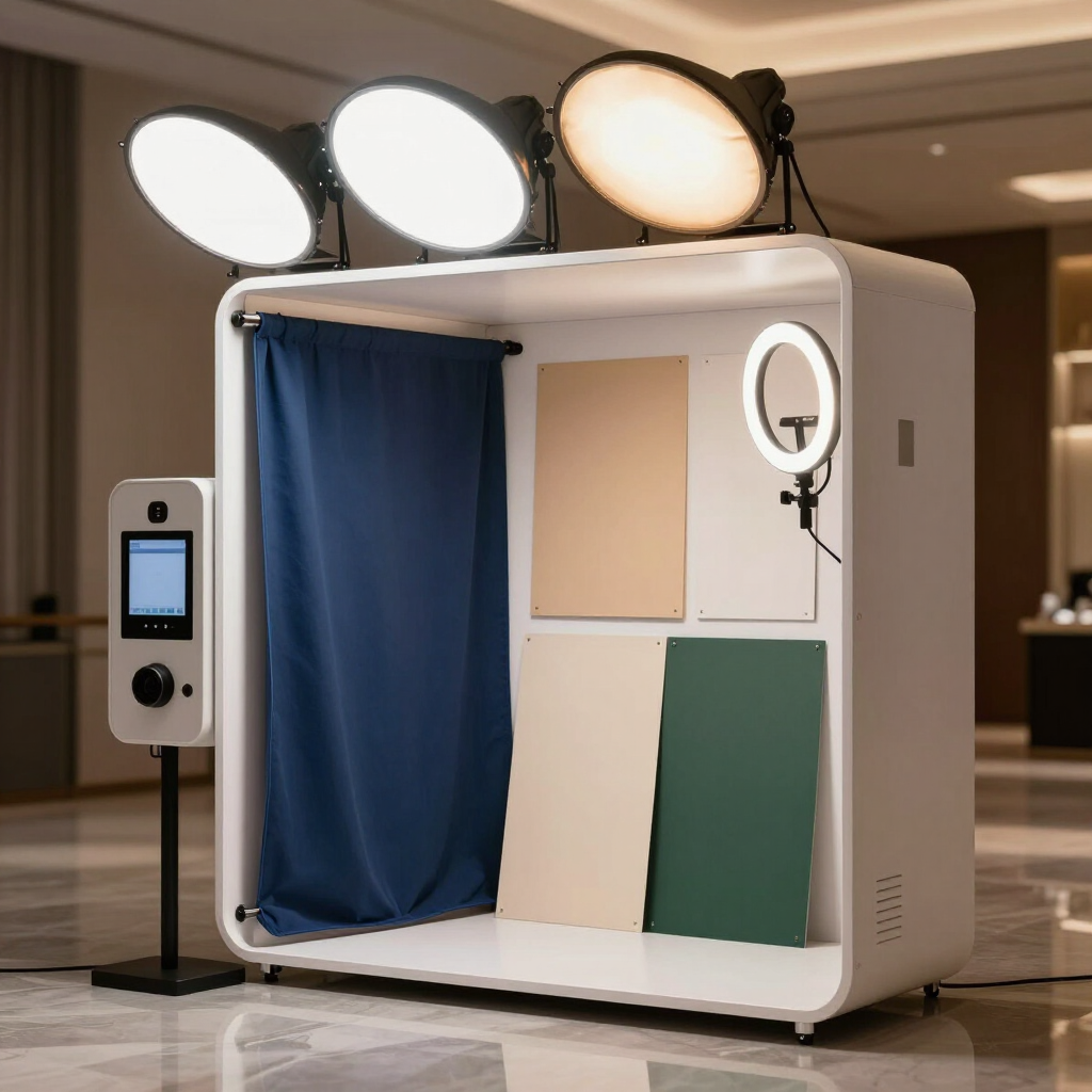 Draagbare fotobooth met een blauw gordijn, ringlamp en drie plafondlampen in een lobby