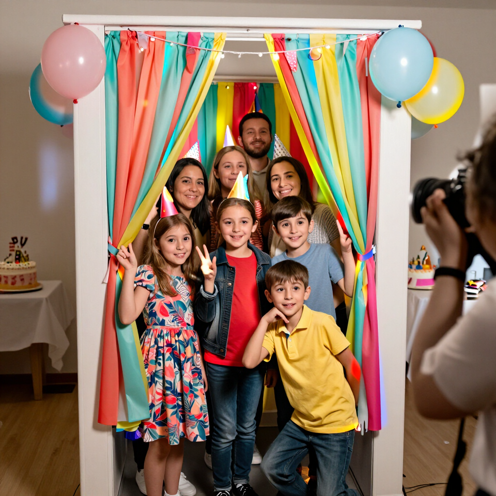 Kinderen poseren bij een kleurrijke fotobooth op een feestje, met ballonnen en slingers, terwijl ze worden gefotografeerd
