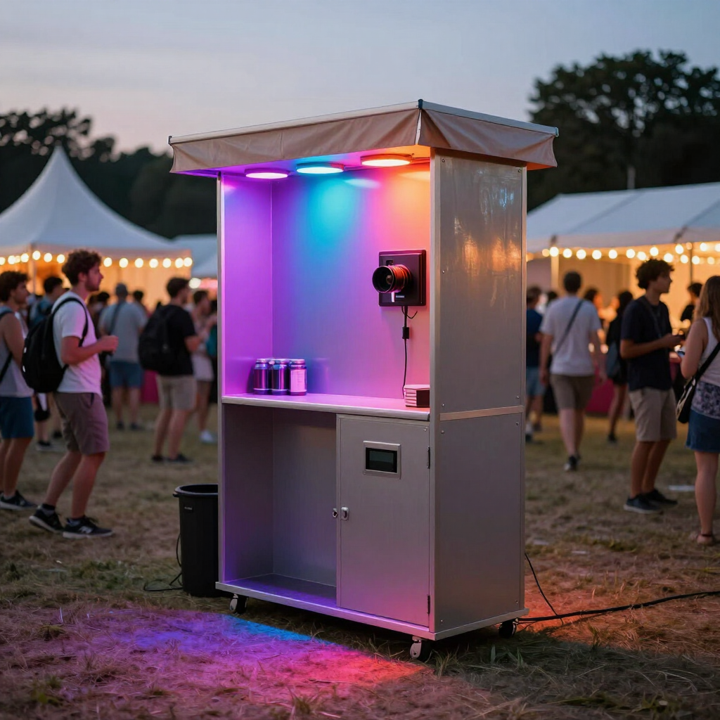 Een kleurrijk verlichte kiosk op een openluchtfestival in de schemering, met mensen die er vlakbij staan.