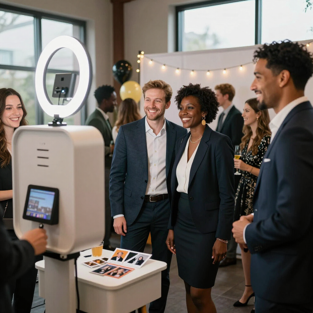 Gasten op een netwerkevenement verzamelen zich rond een selfiewand met een ringlamp en fotoprints.