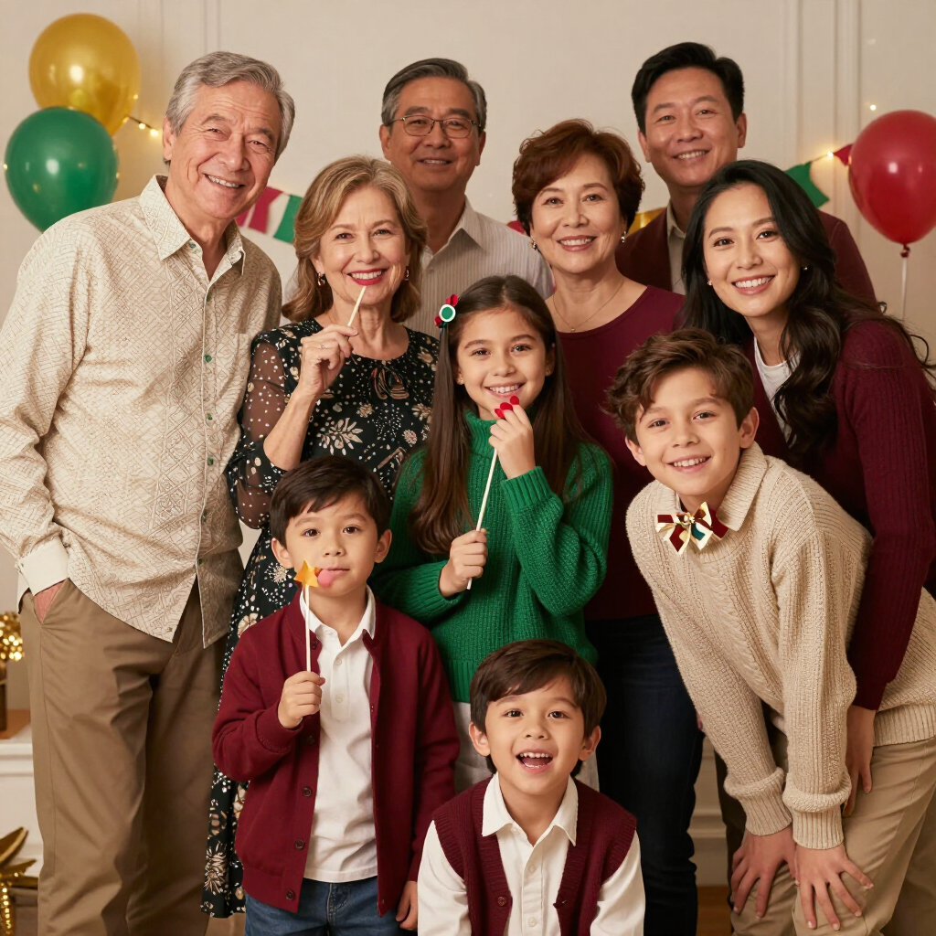 Drie generaties van een familie poseren samen met ballonnen en glimlachen in een feestelijke binnenomgeving.
