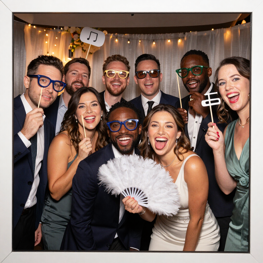 Een groep vrienden poseert in een fotohokje met grappige accessoires en lichtslingers, lachend en juichend
