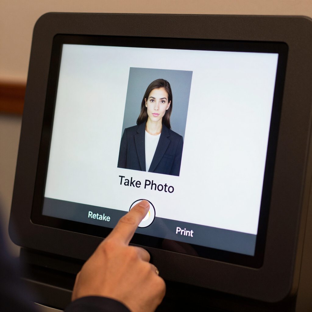 Een hand tikt op het touchscreen van een kiosk, waarop een portret en de opties ‘Opnieuw maken’ en ‘Afdrukken’ worden weergegeven