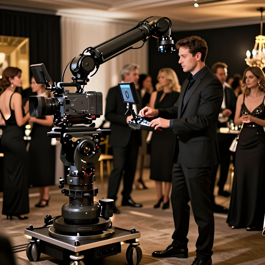 Een cameraman filmt een elegant evenement met een grote robotcamera en gasten in galakleding.