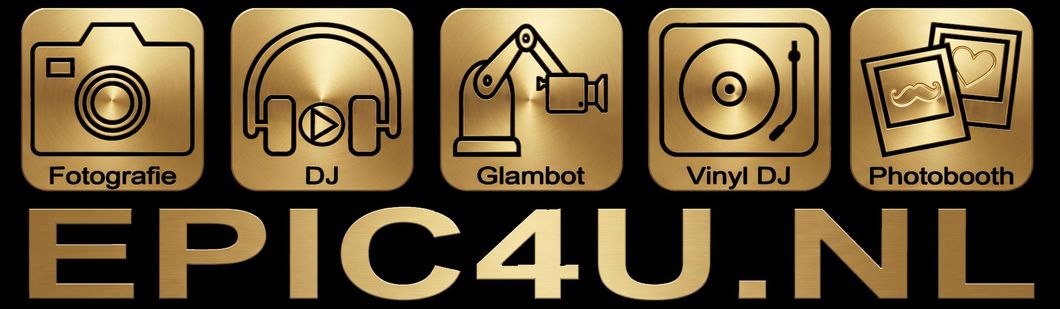 Logo voor EPIC4U.NL met gouden pictogrammen voor fotografie, dj, glamour, vinyl-dj en photobooth op een zwarte achtergrond