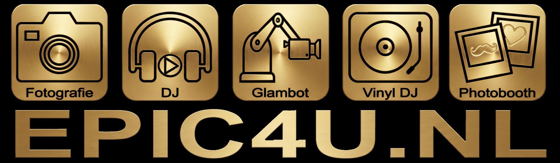 Logo voor EPIC4U.NL met gouden pictogrammen voor fotografie, dj, glamour, vinyl-dj en photobooth op een zwarte achtergrond