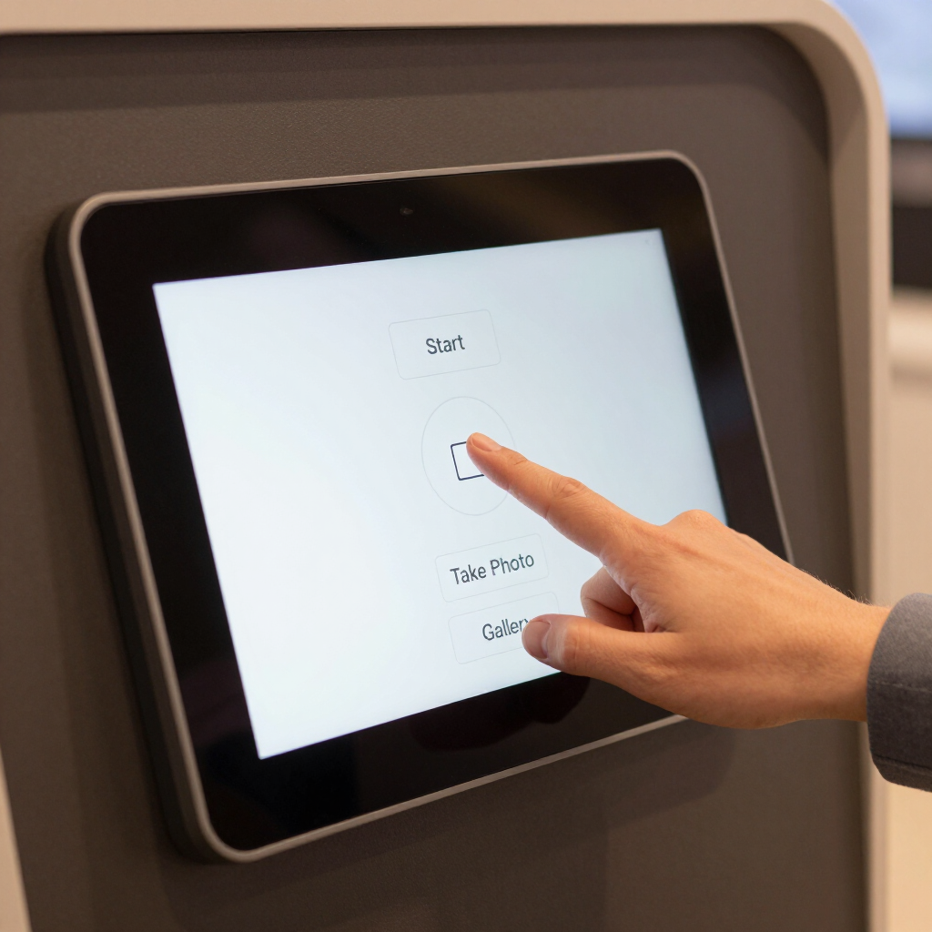 Een hand die op het touchscreen van een aan de muur bevestigd apparaat tikt