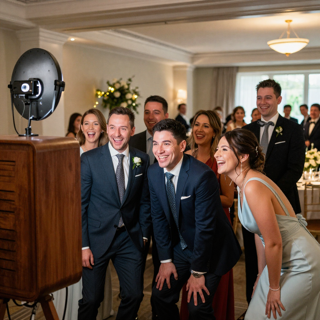 Groep lachend bij een fotohokje op een bruiloft, met een grote camera en flitsinstallatie