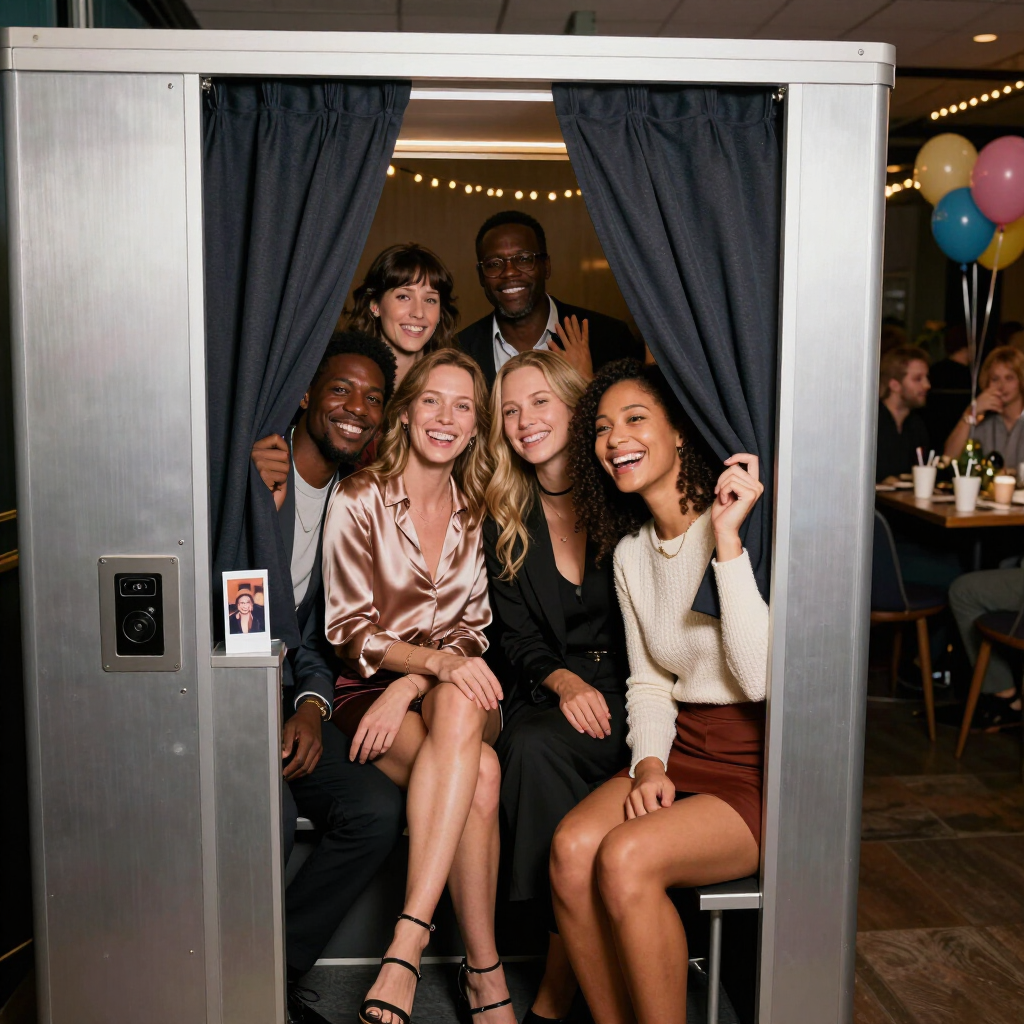 Vijf vrienden poseren lachend in een fotohokje met gordijnen op een feest, met ballonnen op de achtergrond