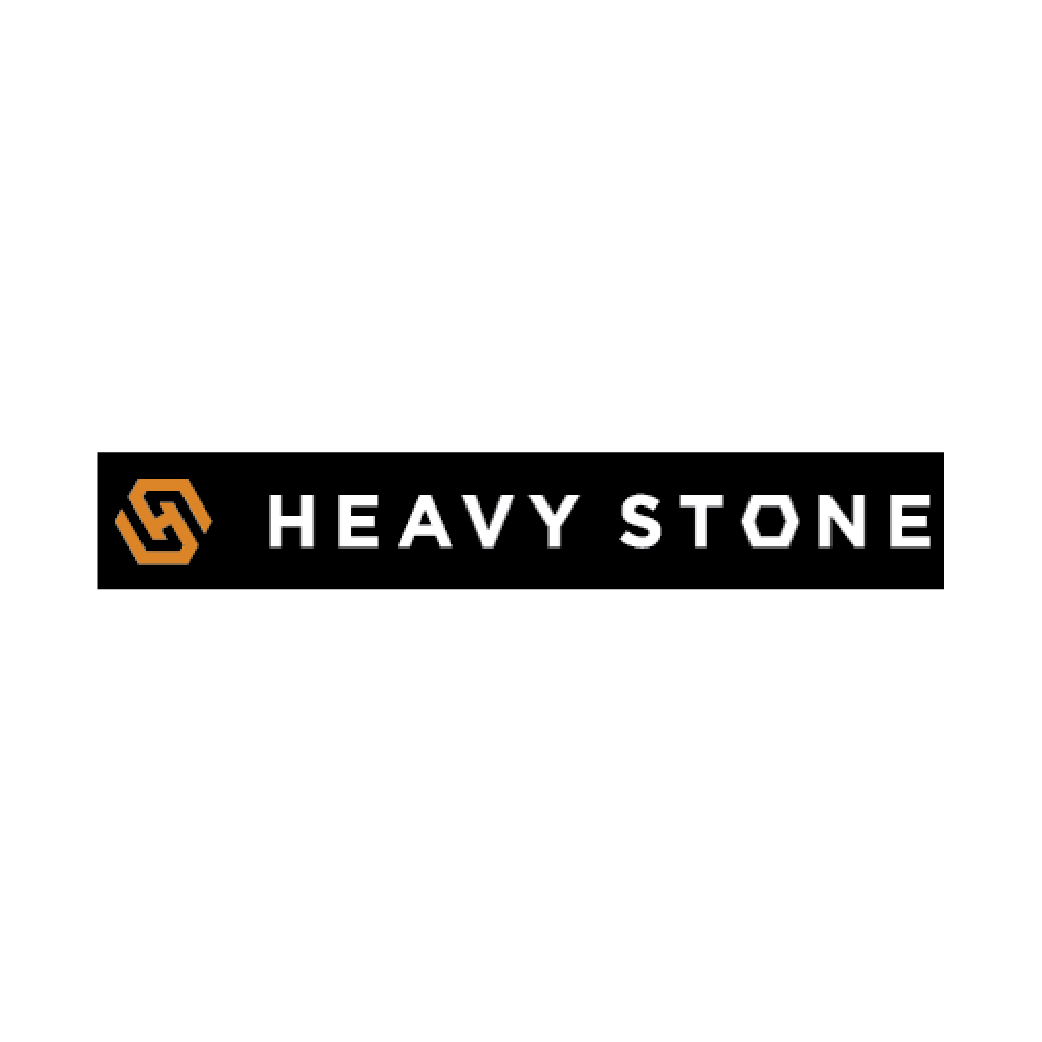 Logo for Heavy Stone. Black rectangle with a gold emblem on the left and white text on the right.