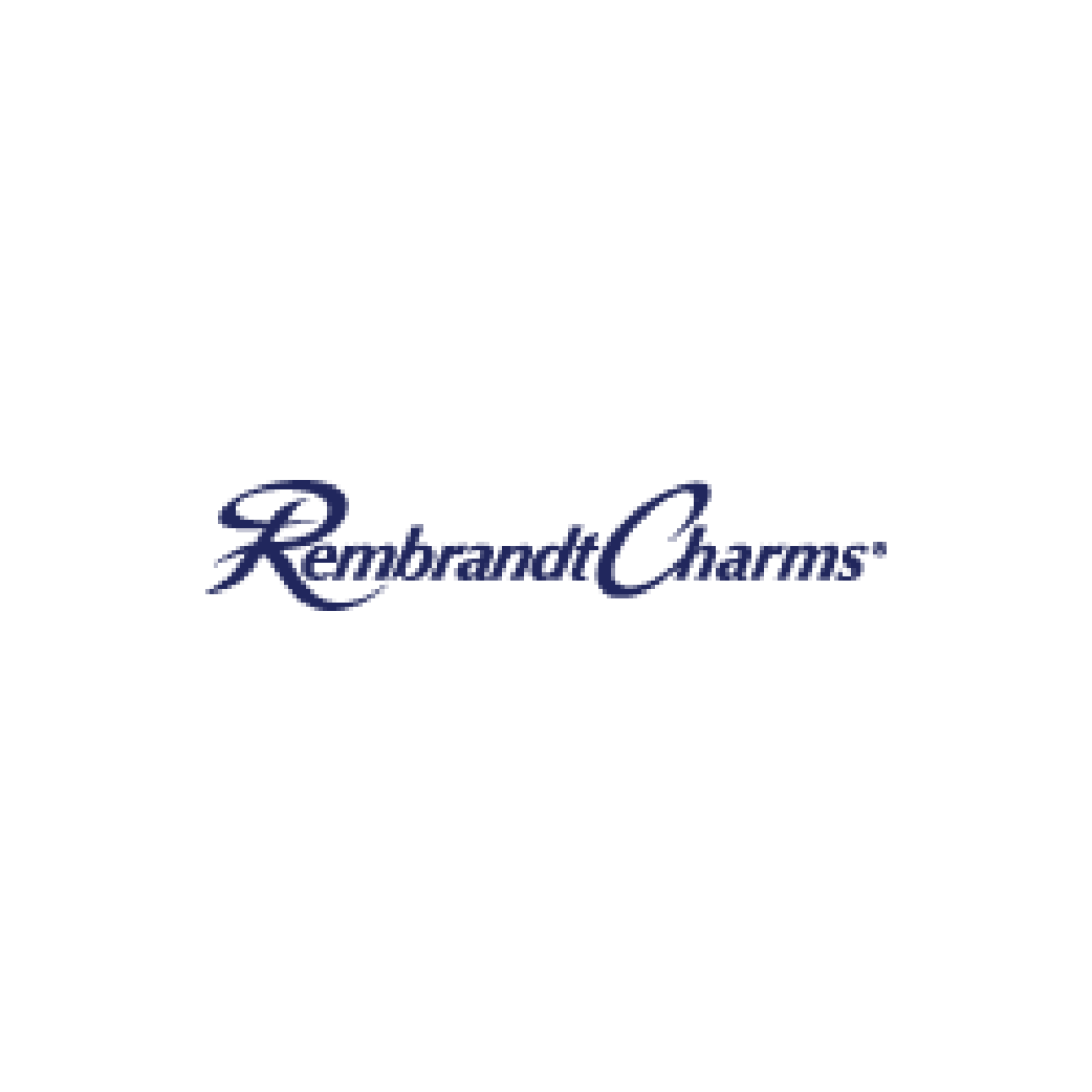 Rembrandt Charms logo in script, blue text on white background.