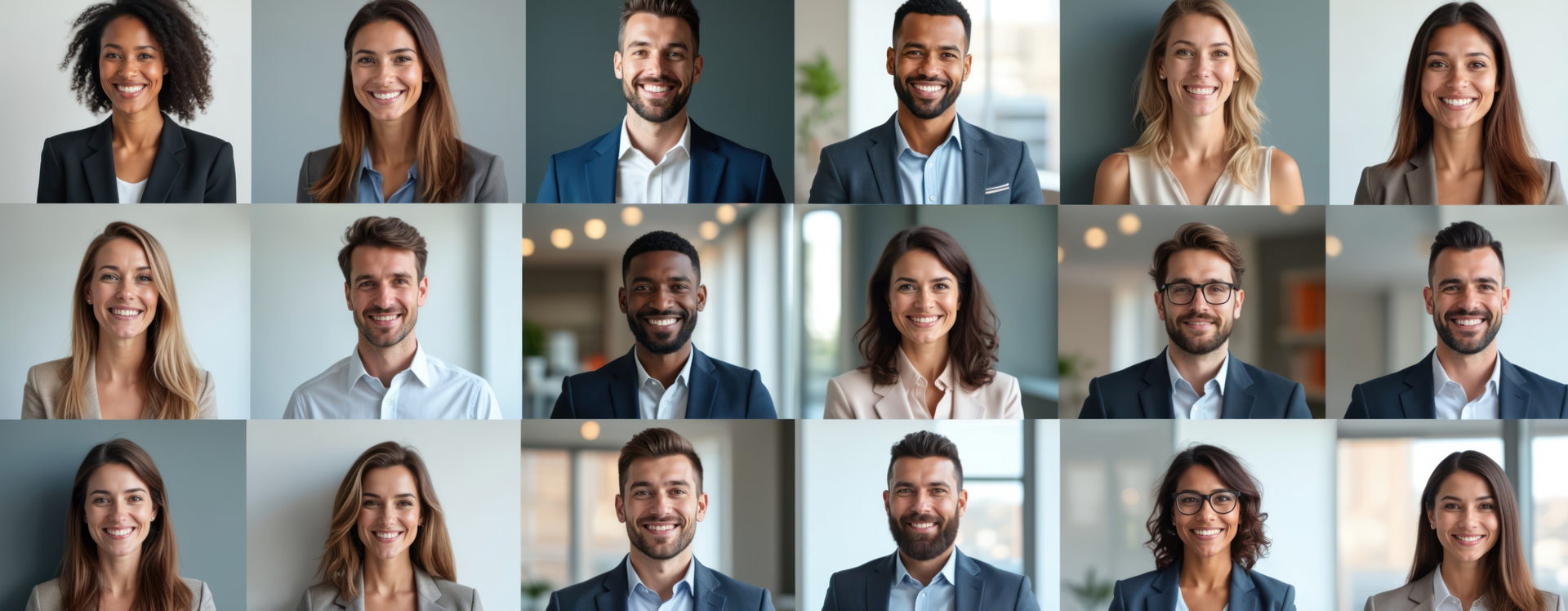A grid of smiling business professionals in professional attire against neutral backgrounds.