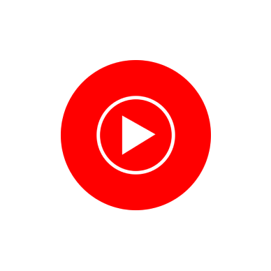 Red circle with white play button inside.