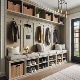 Hallway bench with built-in shoe storage, coat hooks, and overhead storage. Neutral tones with light gray cushions.