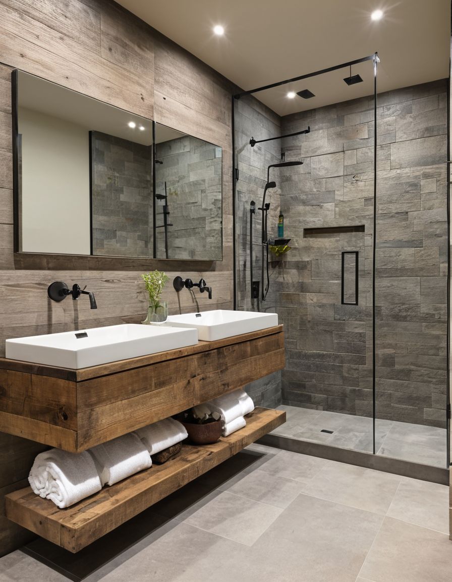 Modern rustic bathroom with wooden vanity, stone tiles, glass shower, and double sinks.