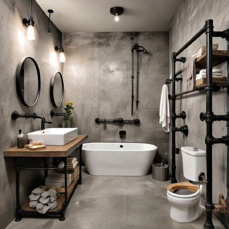 Industrial-style bathroom with gray walls, white tub, black pipes, wooden vanity, and toilet.