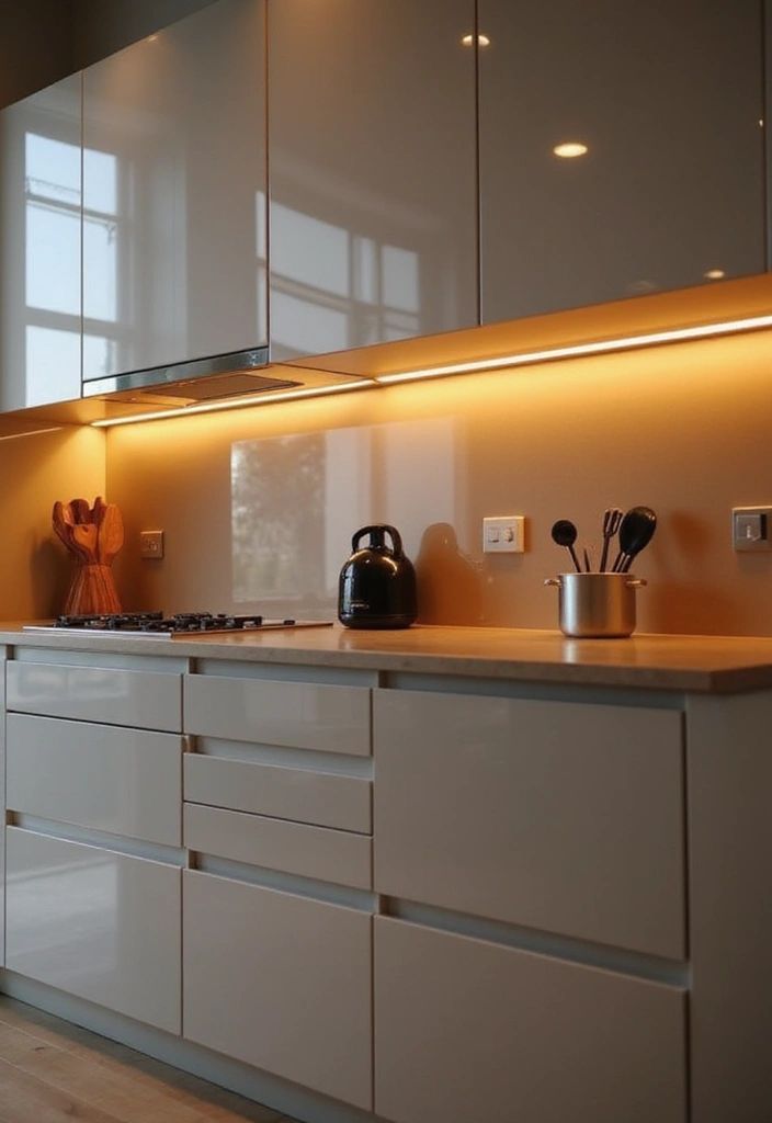 Modern kitchen with glossy light gray cabinets, wooden countertop, and under-cabinet lighting.
