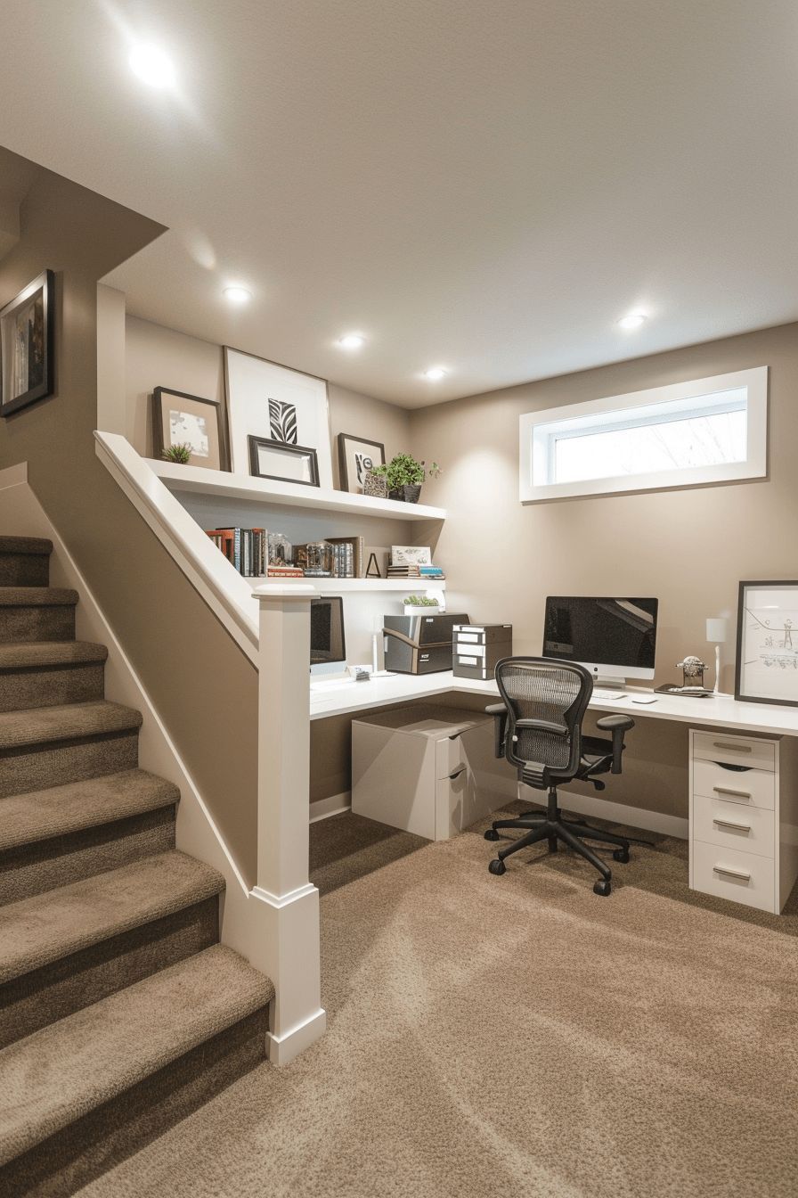 Home office with a staircase, a white desk, and a computer. Tan walls and carpet.