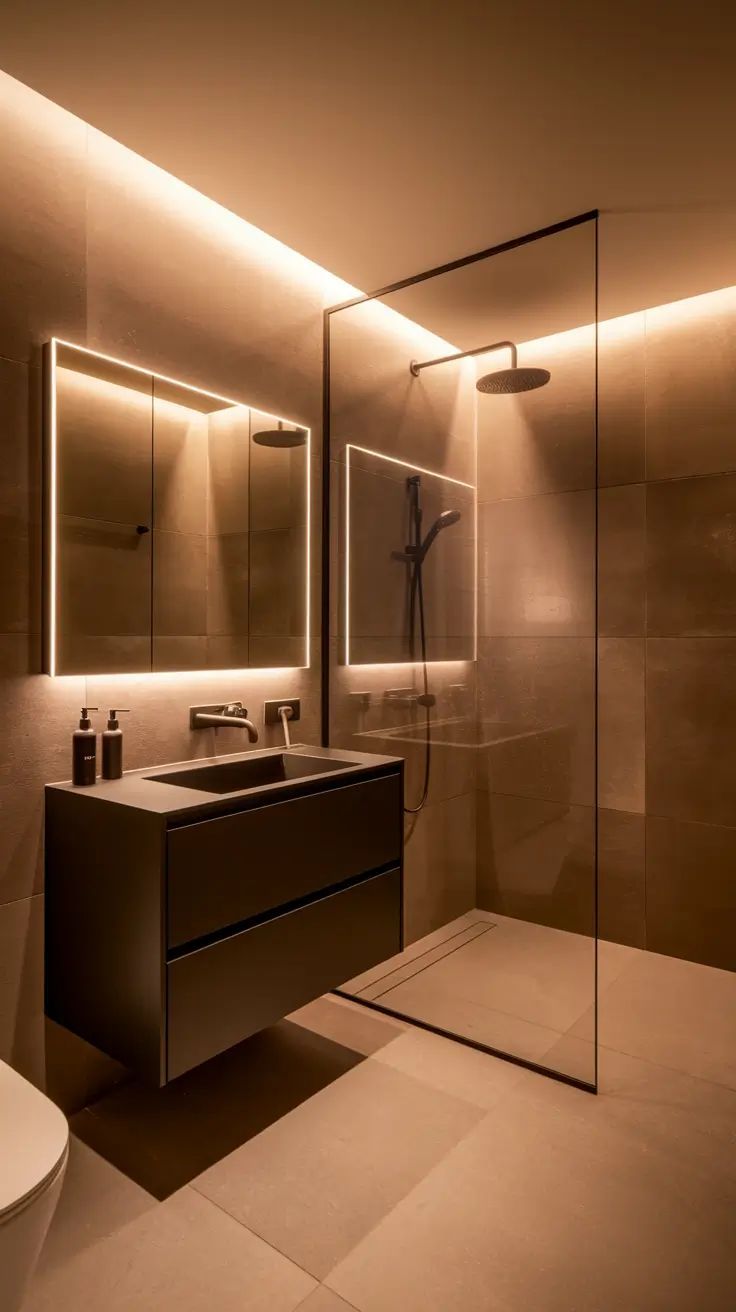 Modern bathroom with dark gray vanity, glass shower, and warm ambient lighting.