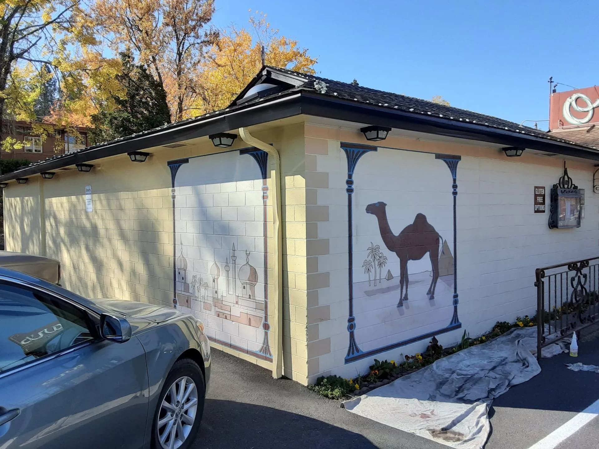 A light-colored building with exterior murals of camels and desert scenes, viewed from a parking lot on a sunny day.