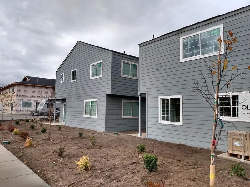 New grey, two-story townhomes with white trim under a cloudy sky, with a dirt yard featuring young trees and shrubs.