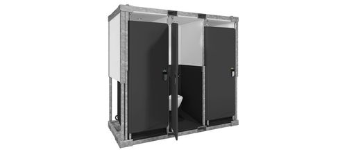 A black and white photo of a portable toilet.