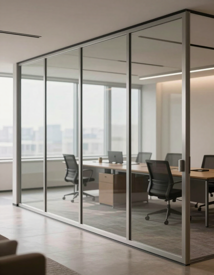 Oficina moderna con división en vidrio y aluminio
