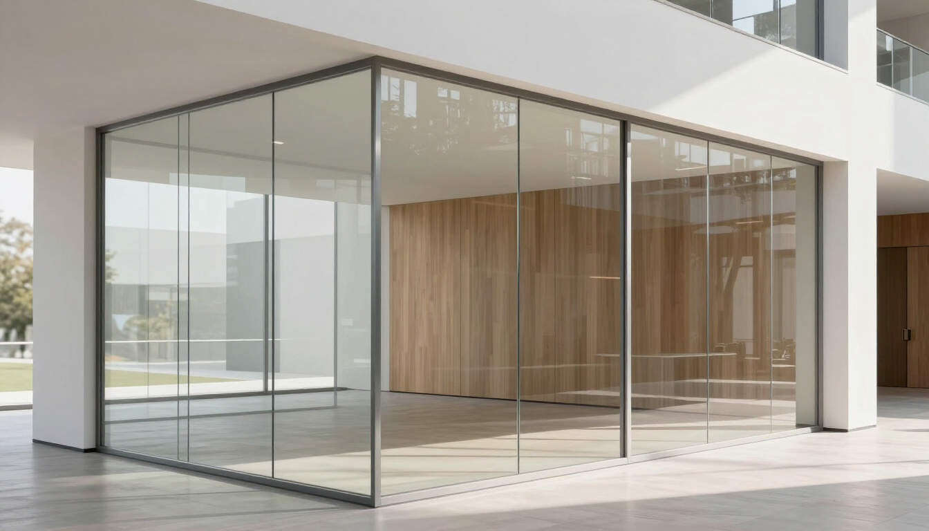 Rincón moderno con paredes de cristal en una casa minimalista, con interior revestido de madera y un patio luminoso