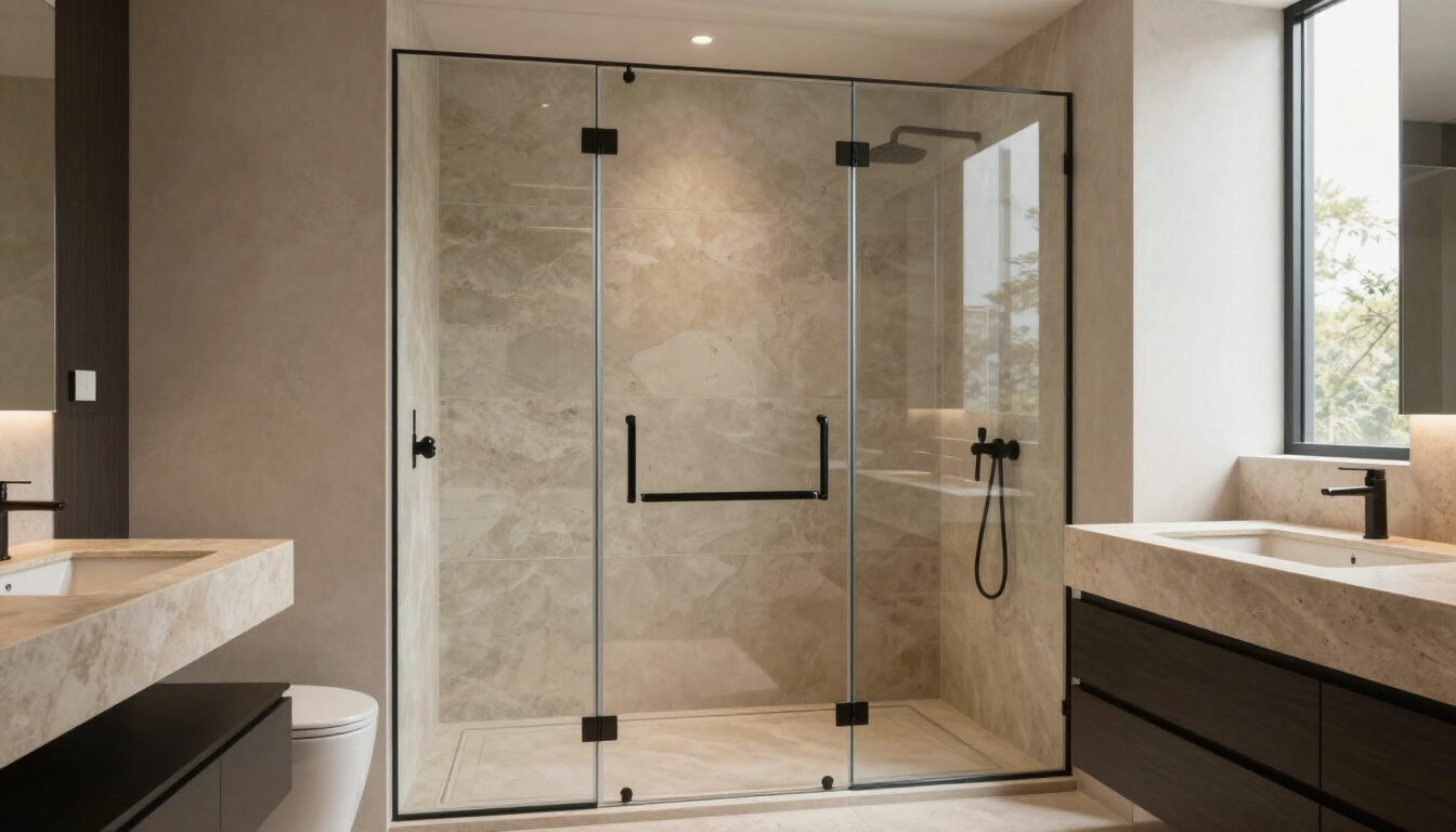 Baño moderno con ducha a ras de suelo con mampara de cristal, accesorios negros y paredes revestidas de azulejos de piedra.