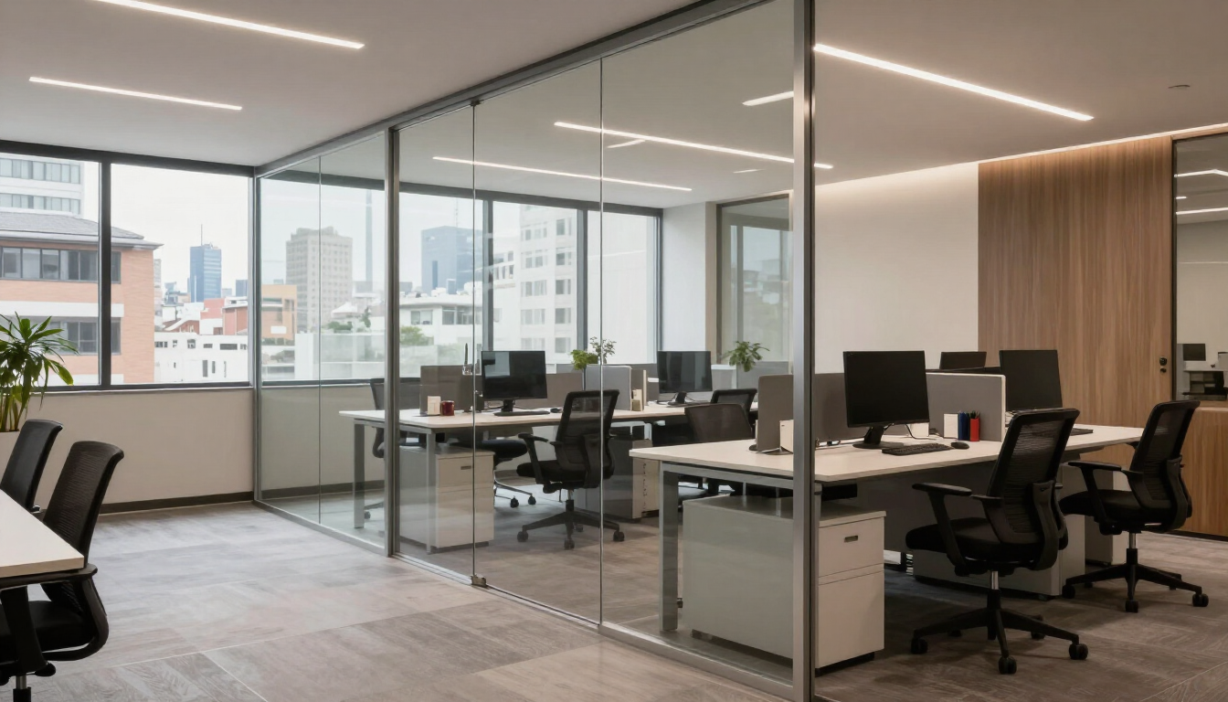 Oficina moderna de planta abierta con paredes de cristal, escritorios, sillas, ordenadores y vistas a la ciudad