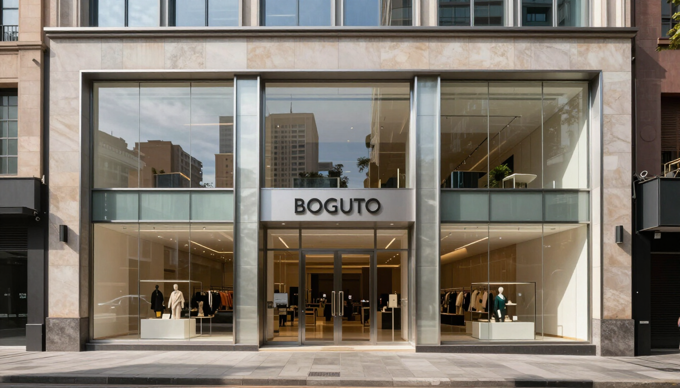 Entrada moderna de una tienda con fachada de cristal, letrero «BOGUTO» y maniquíes en el interior, en una calle de la ciudad