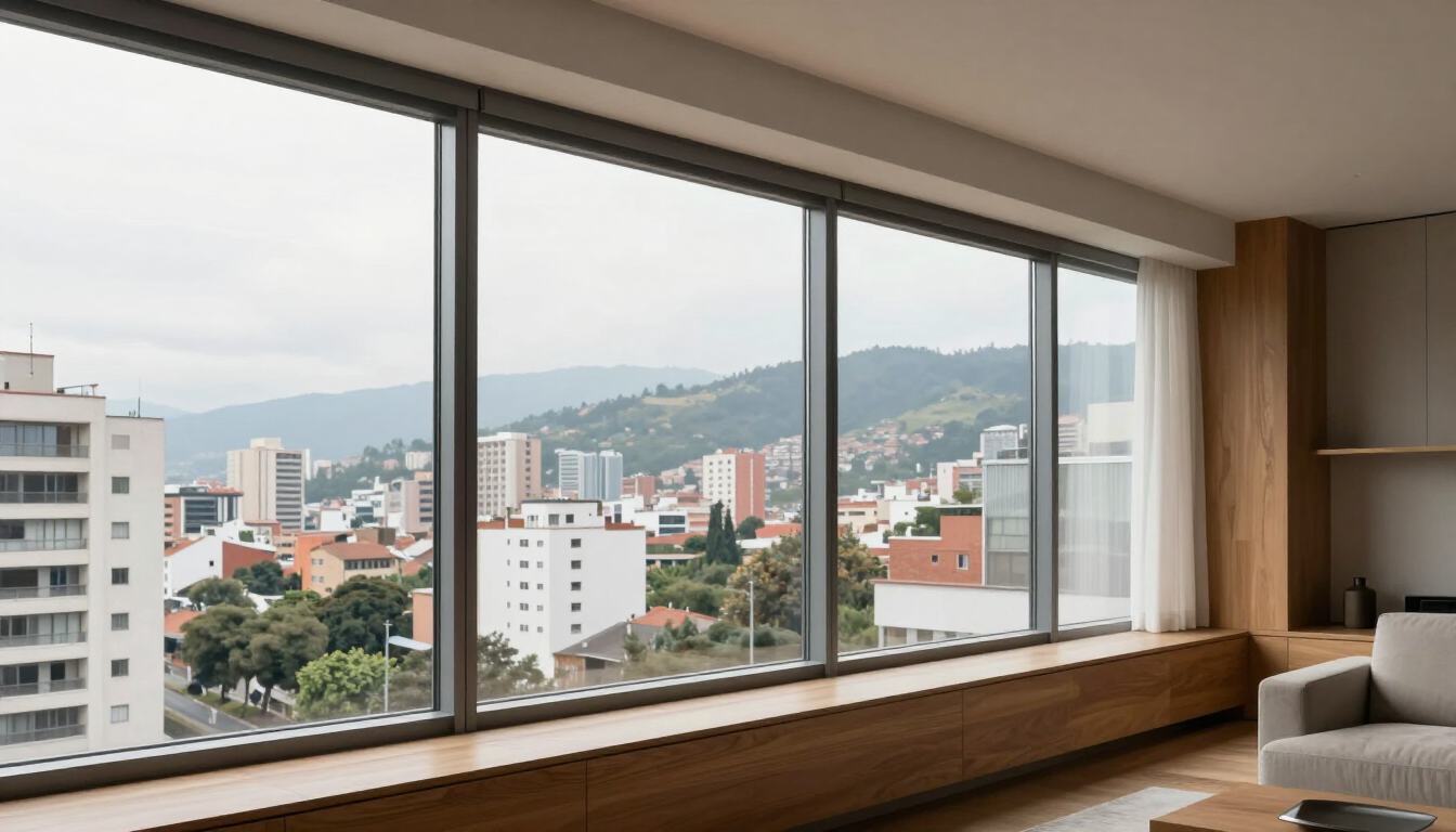 Ventanal con vistas al perfil urbano y las montañas desde una habitación moderna