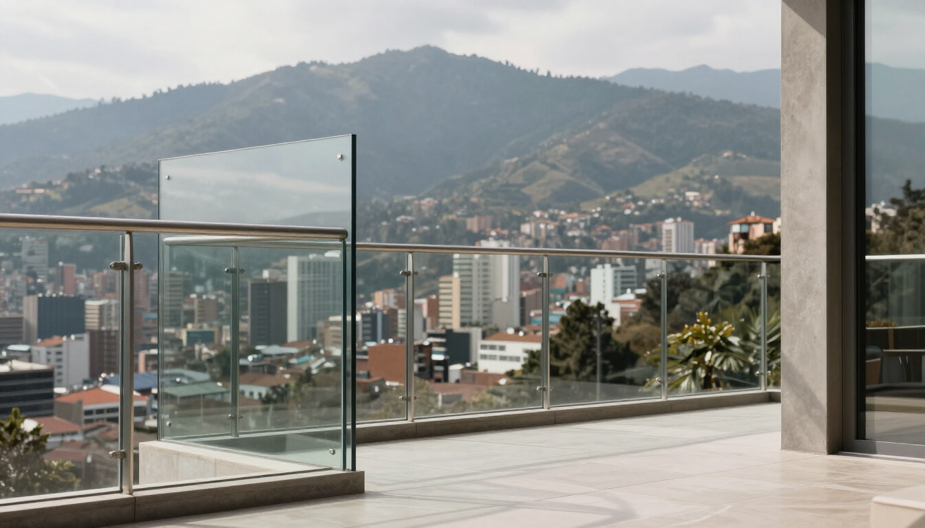 Vista desde un balcón de una ciudad, con montañas al fondo y una barandilla de cristal en primer plano