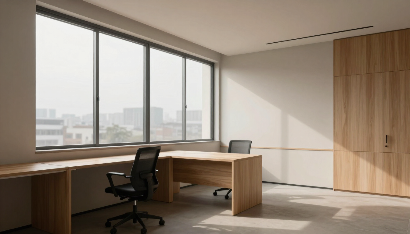 Oficina urbana tranquila con ventanería acústica y luz natural