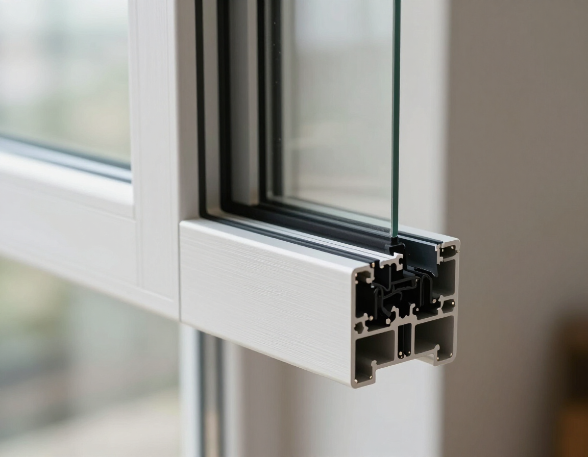 Detalle de un sistema de ventana de aluminio con doble vidrio y sellos