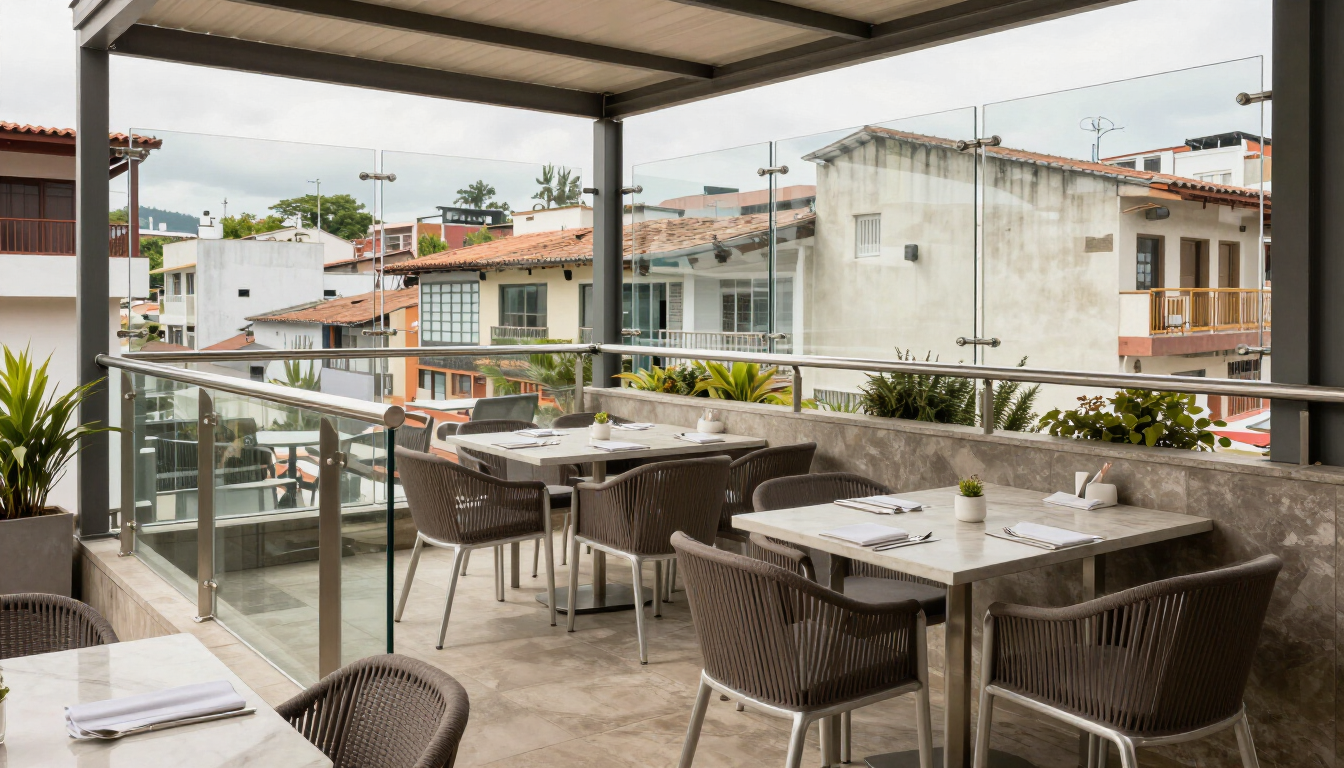 Terraza exterior protegida con cortavientos de vidrio