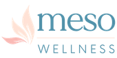 Meso Wellness logo with a peach leaf icon and teal text on a white background