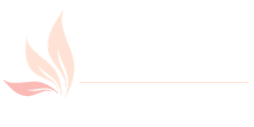 Pale peach leaf logo with a thin horizontal line on a white background