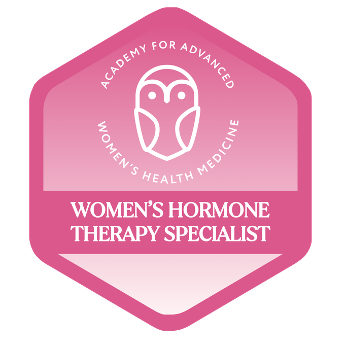 Pink badge logo for Women’s Hormone Therapy Specialist, Academy for Advanced Women’s Health Medicine