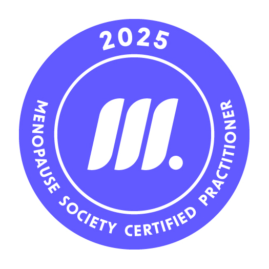 2025 Menopause Society Certified Practitioner badge, purple circular logo with white text and mark
