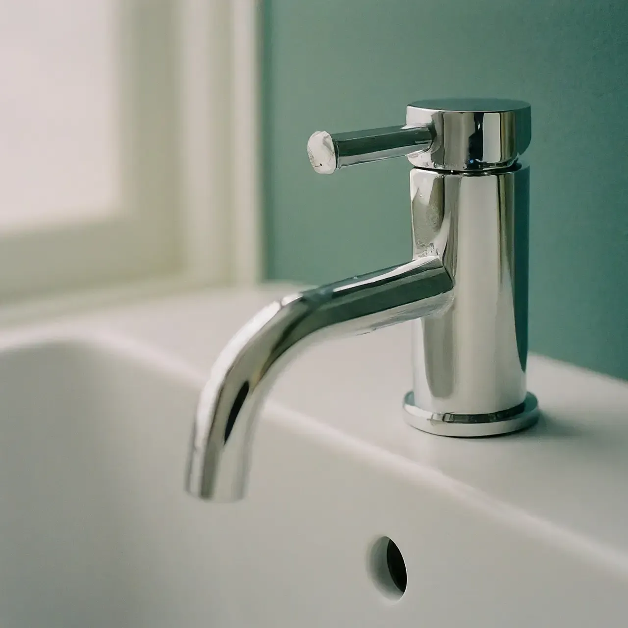 Chrome faucet over a white bathroom sink with a small drain hole