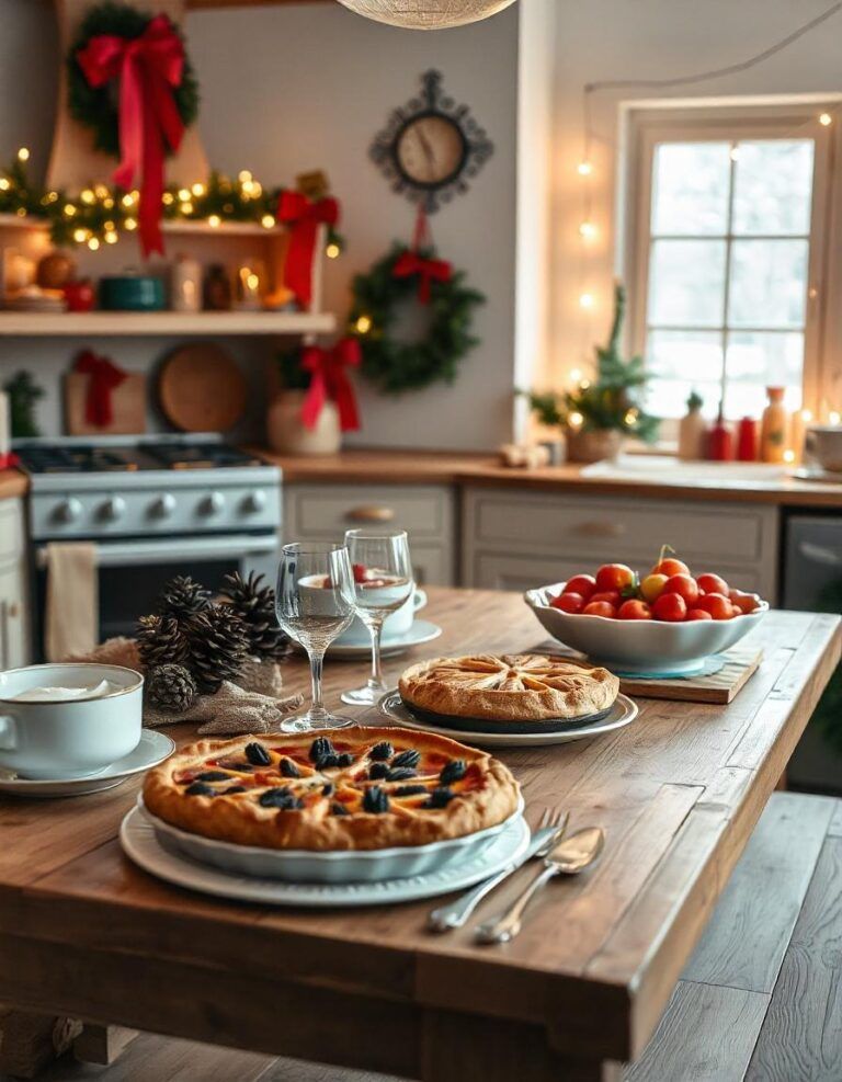 Cozy holiday kitchen with a rustic table of pies, fruit, and wine, lit by warm fairy lights