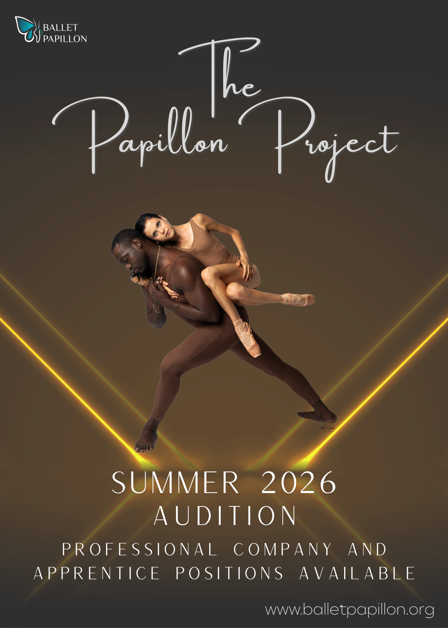 Dancers in a dramatic pose for “The Papillon Project” ballet edition poster, on a dark gold-lit background