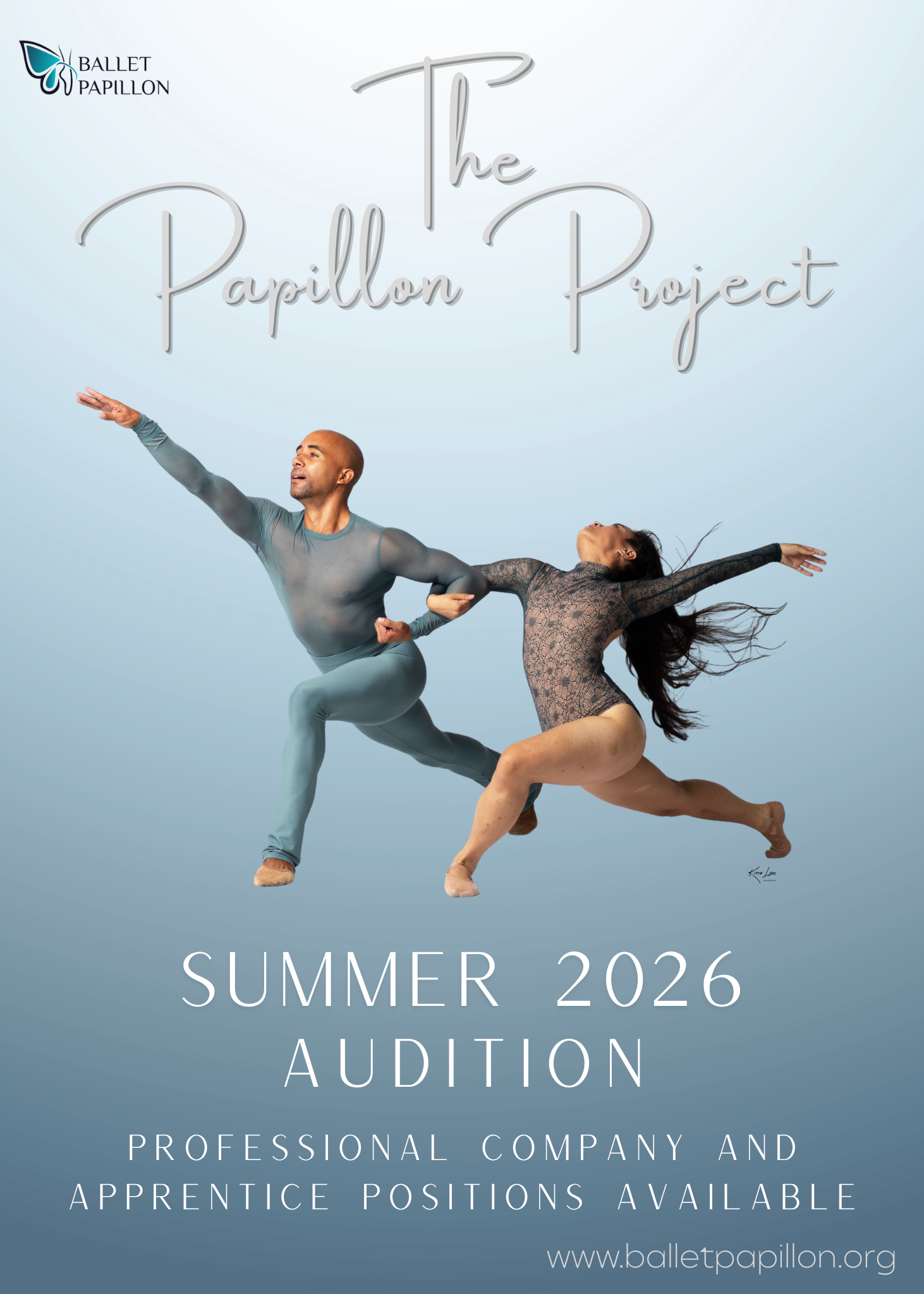 Poster for “The Pavillion Project” with two dancers leaping against a pale blue background, “Summer 2026 Audition” text.