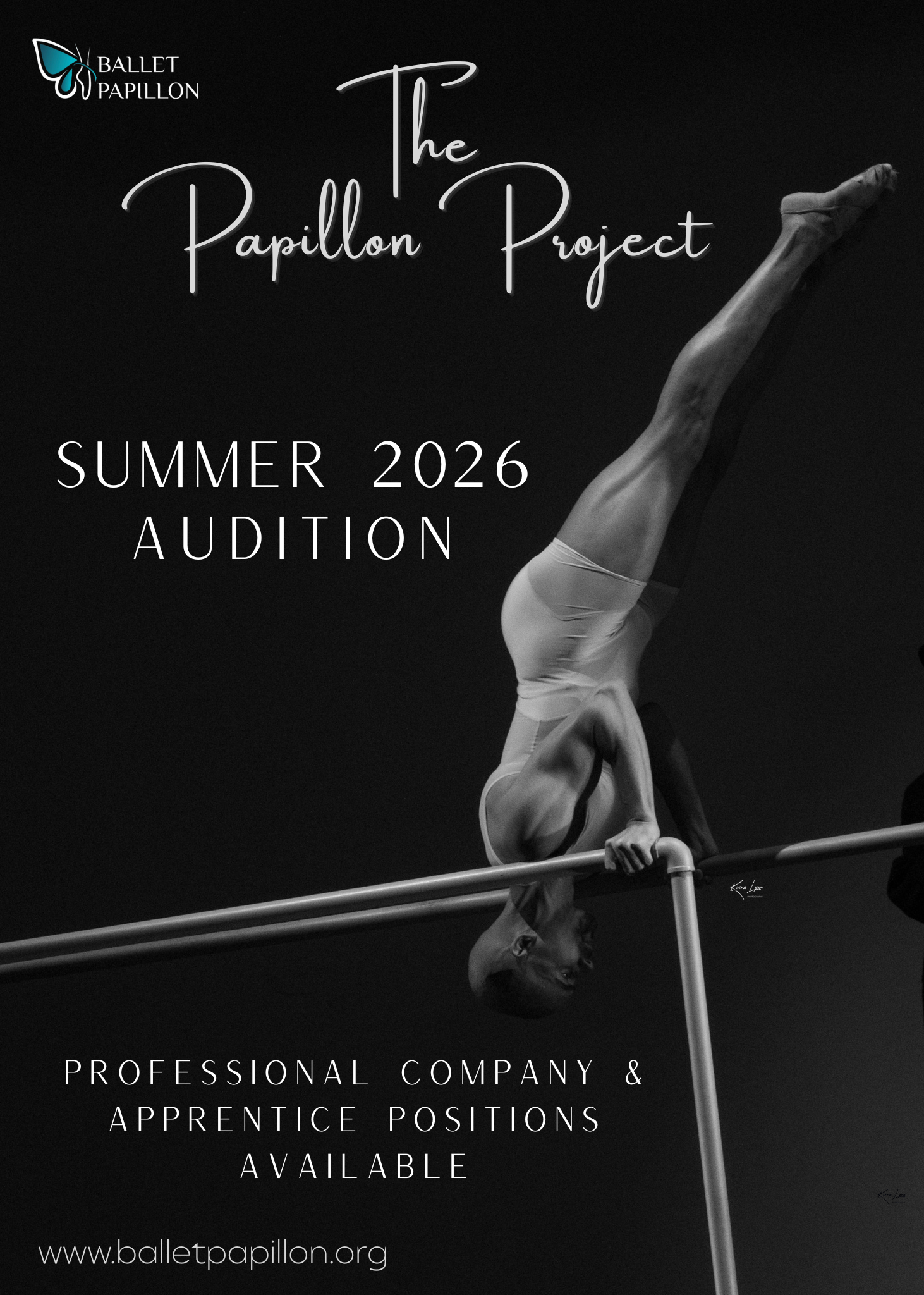 The Papillas Project summer 2026 audition poster with an aerial gymnast on a pole.