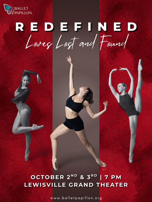 Dance poster: three dancers in black and red on a red background, titled “REDEFINED: Love, Lost and Found.”