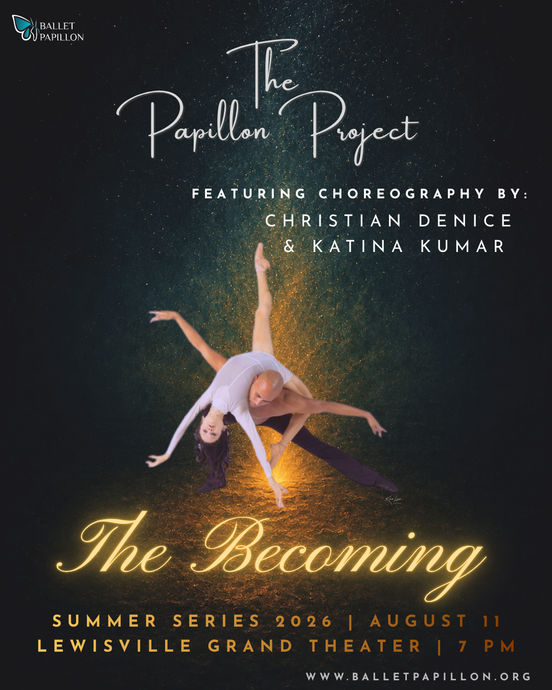 Promotional poster for The Papillon Project dance performance, featuring a dancer in a pink dress on a black background.
