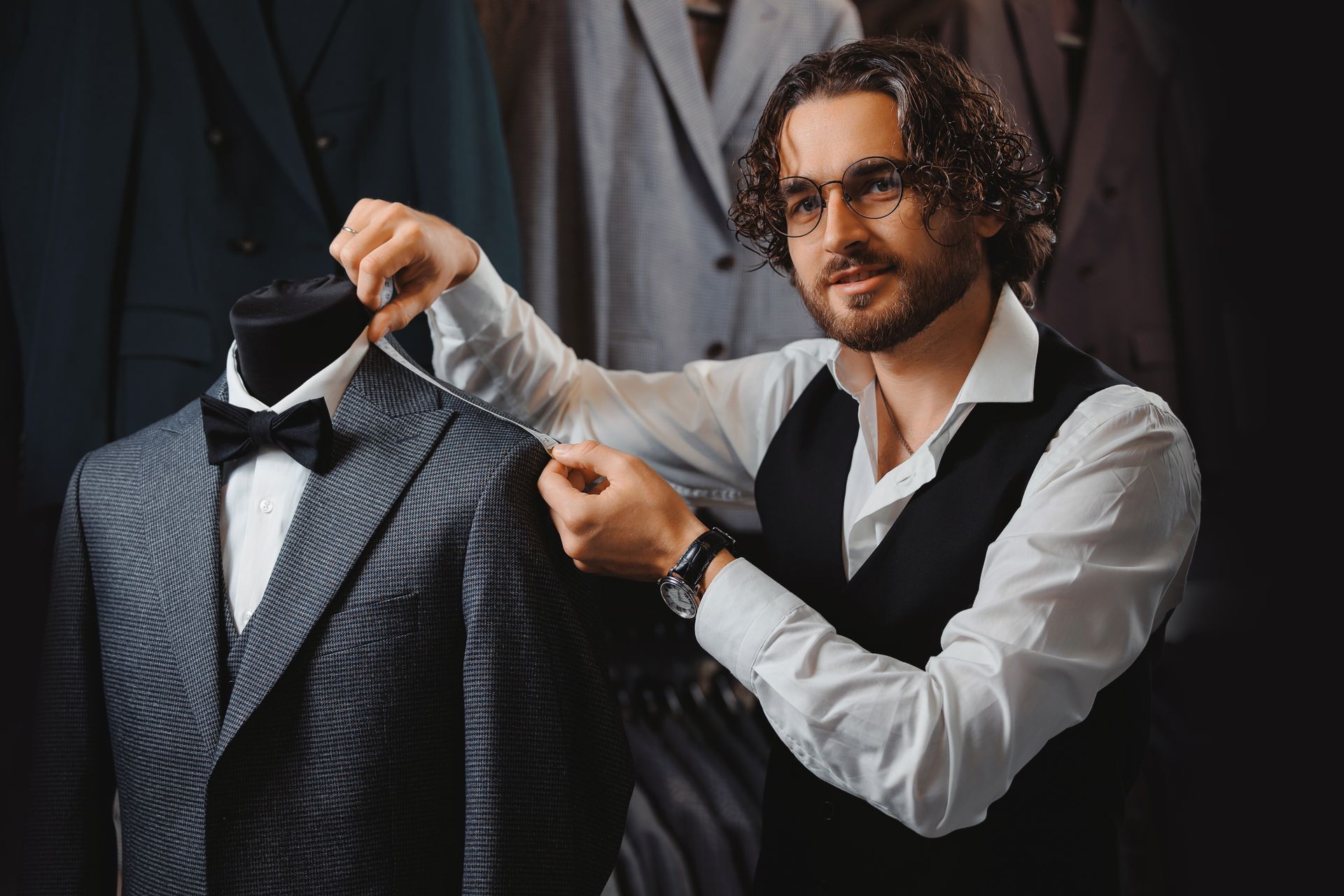 A man is measuring a suit jacket on a mannequin.