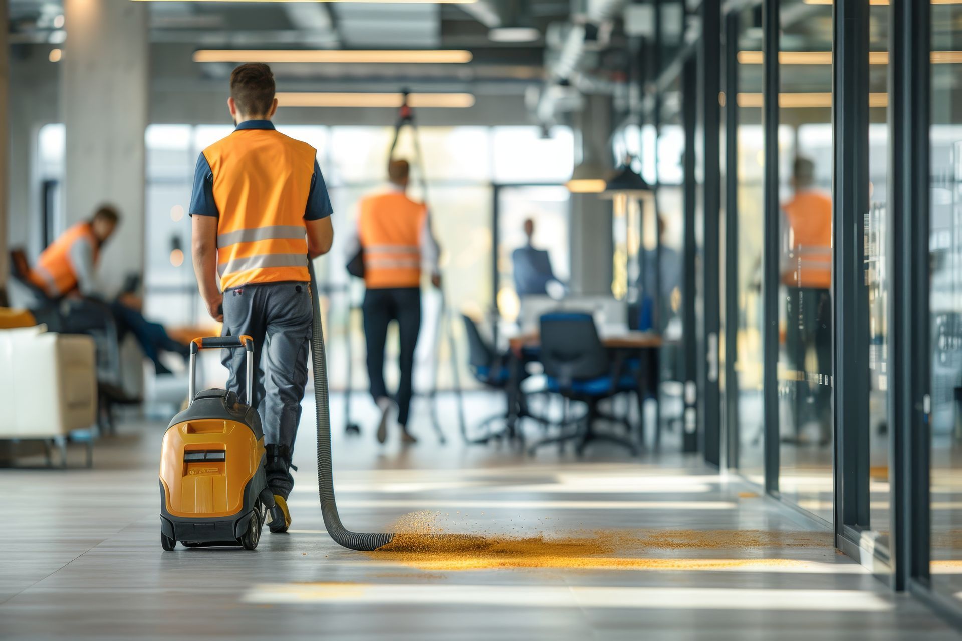 Un ouvrier du bâtiment passe l'aspirateur sur des débris dans un bureau moderne, portant un gilet orange.