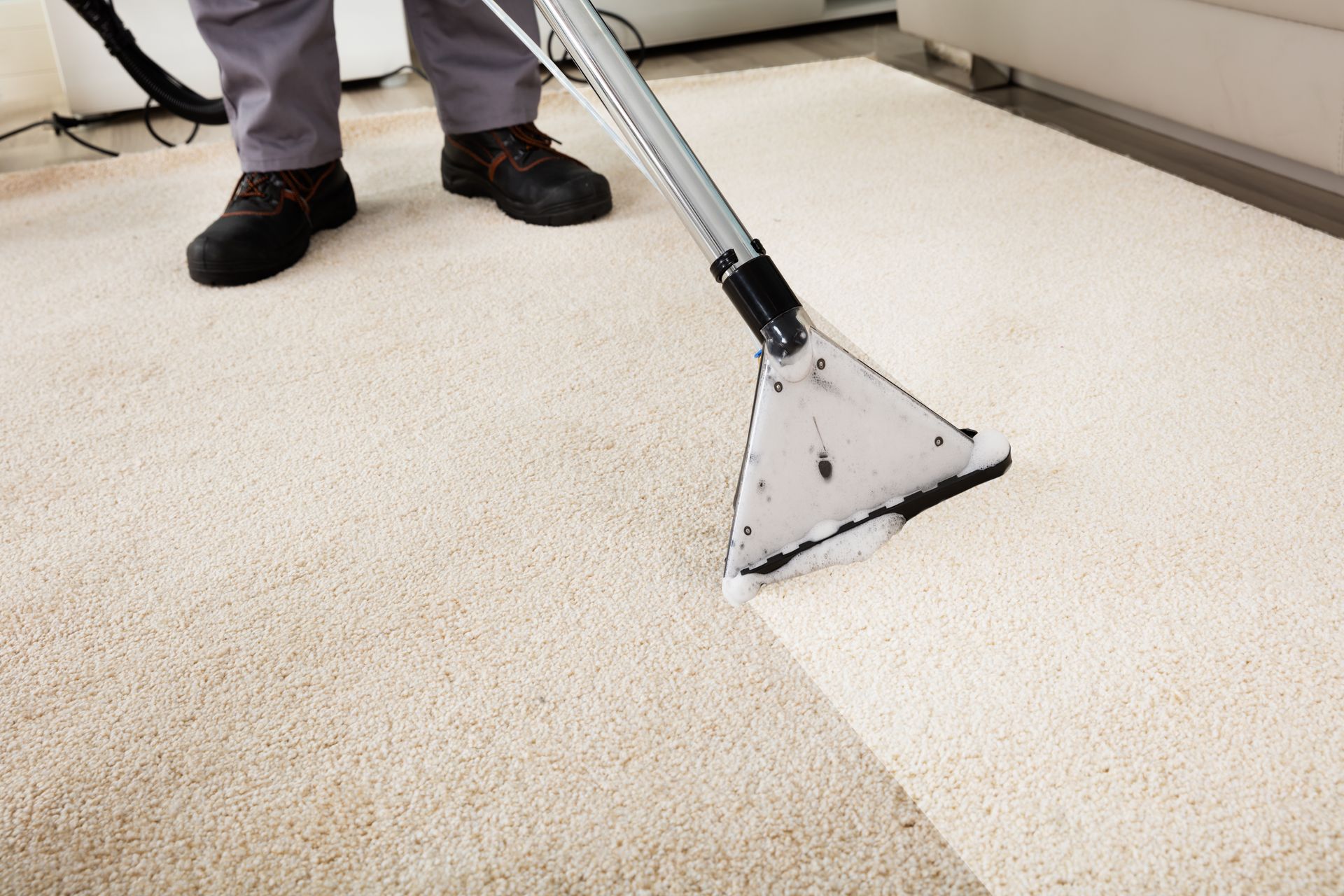 Une personne nettoie un tapis avec un aspirateur.